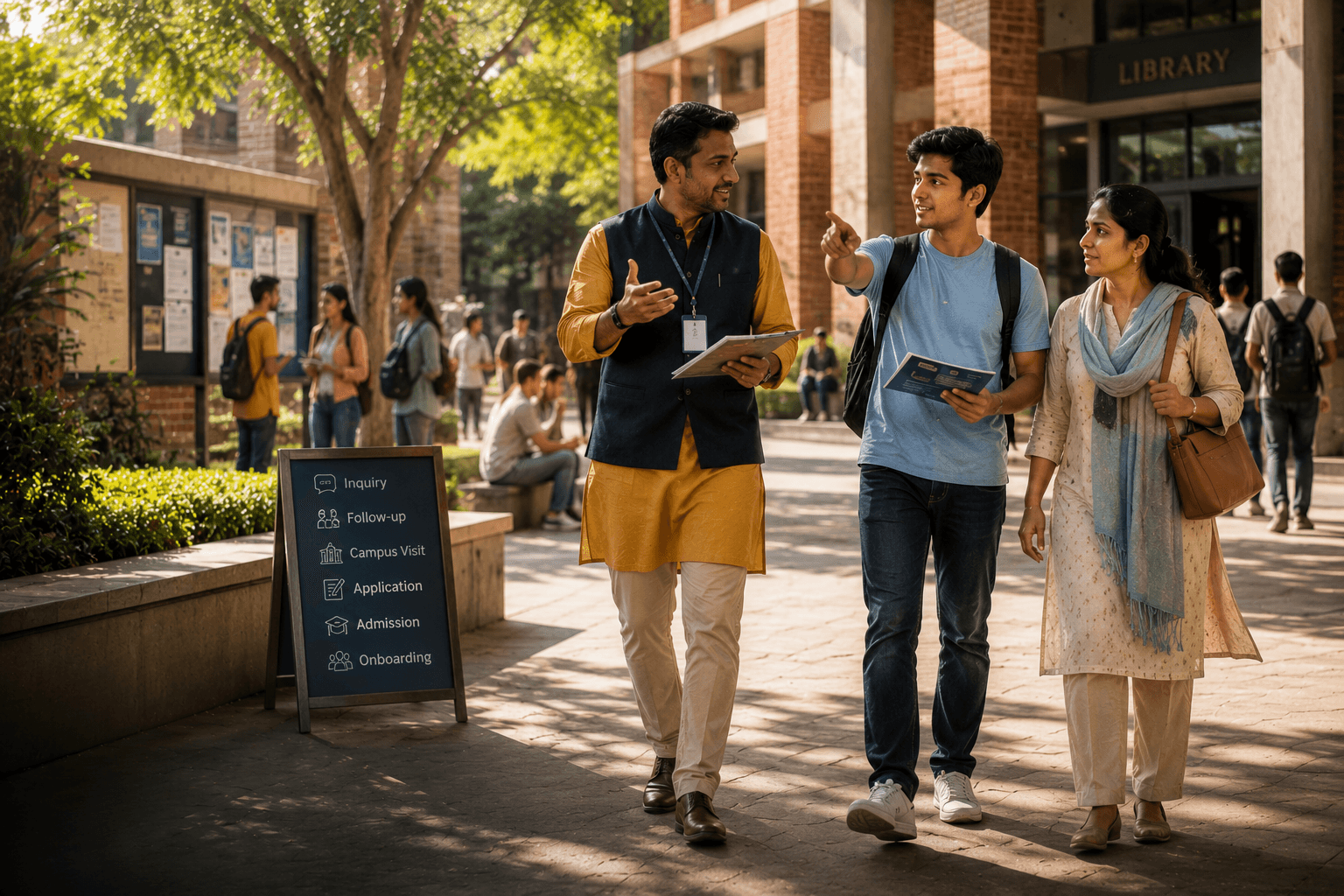 Admissions counselor guiding a prospective student and parent across a university campus