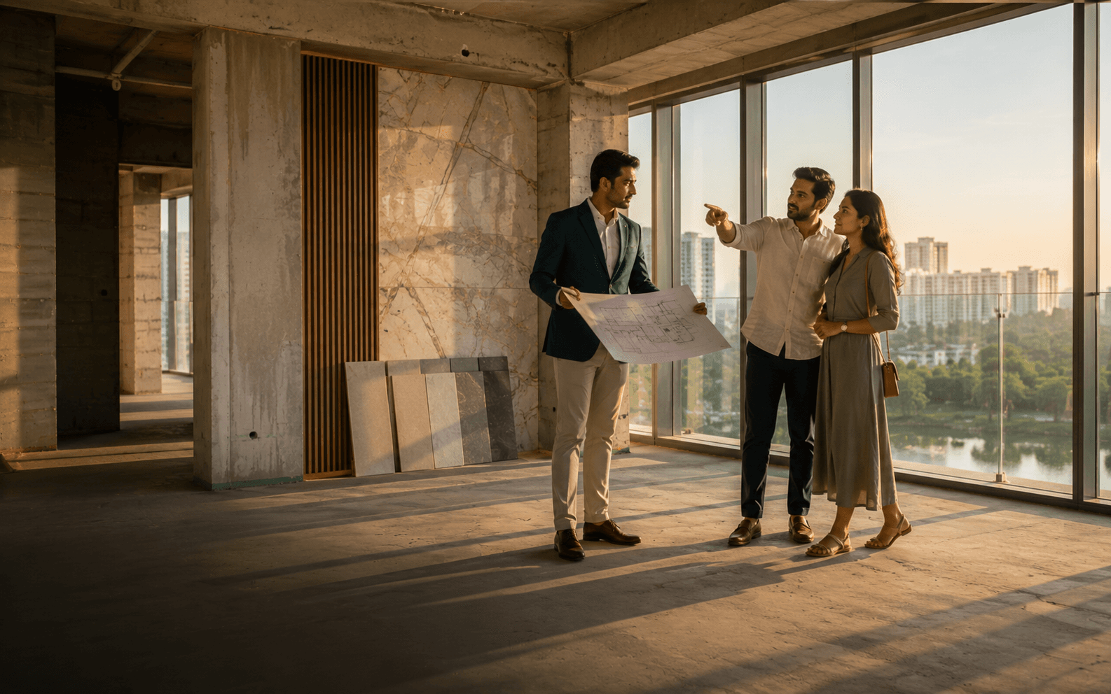Real estate advisor guiding prospective buyers through a premium property