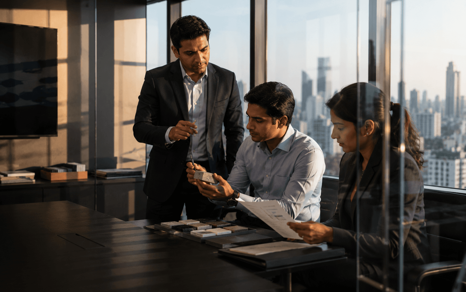 Sales team preparing a client proposal in a high-rise office