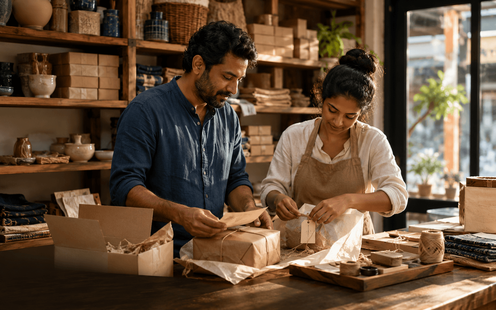 Small business owners preparing customer orders in an artisan product studio