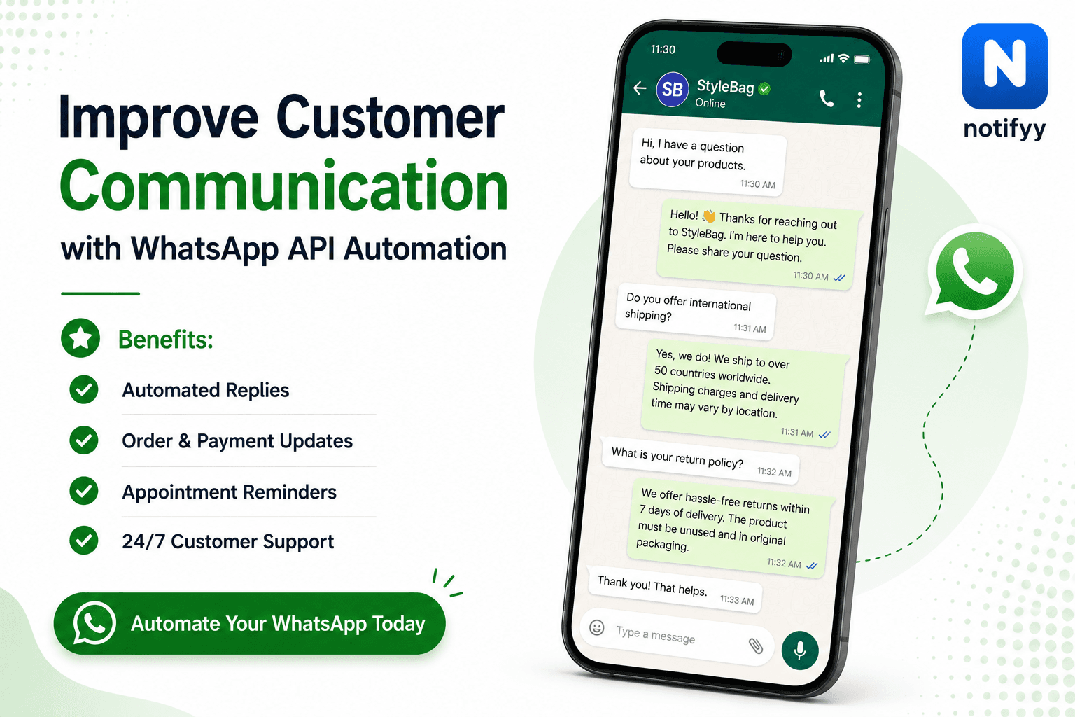 WhatsApp messaging software interface for customer communication automation